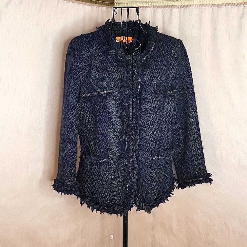 Joe Fresh Wool Blend Bouclé Fringe Tweed Jacket Navy Women’s Size 12 NWOT